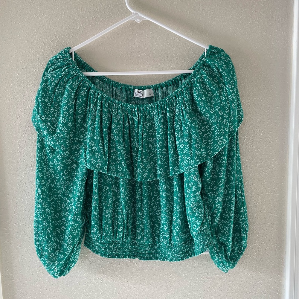 Hollister Sz Large Green Boho Flutter Floral Off-Shoulder Ruffle Crop Top